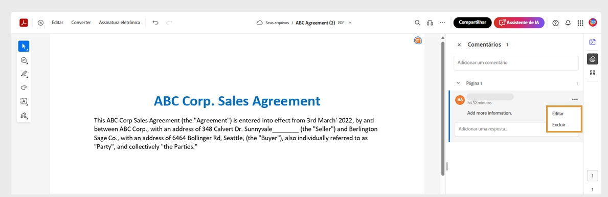 O comentário selecionado no painel Comentários inclui um ícone de três pontos, que contém as opções para Editar ou Excluir.