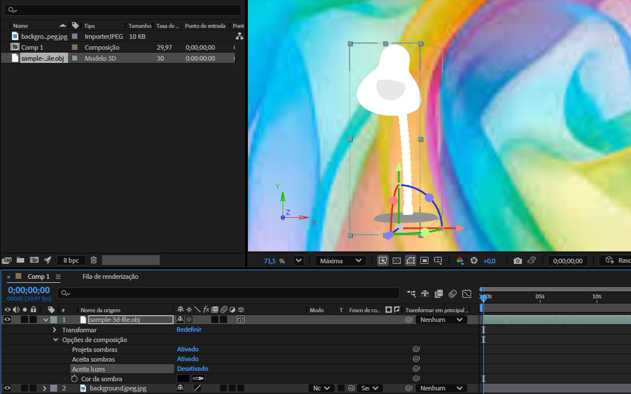 A opção Aceita luzes da camada 3D selecionada está desativada. Como resultado, a lâmpada acesa não é afetada pela luz ambiente na composição.