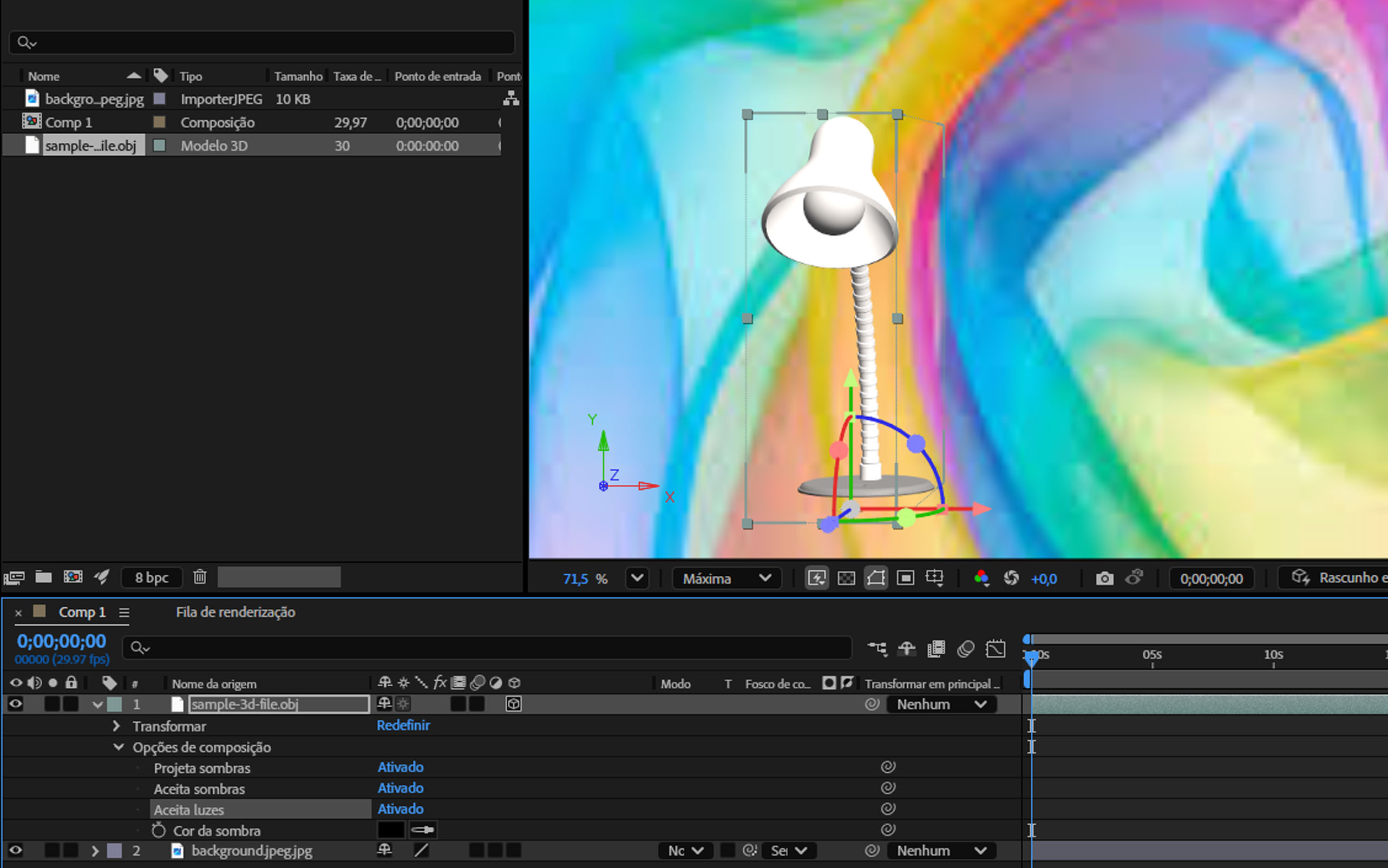 A opção Aceita Luzes da camada 3D selecionada está ativada. Como resultado, a lâmpada acesa é afetada pela luz ambiente na composição.