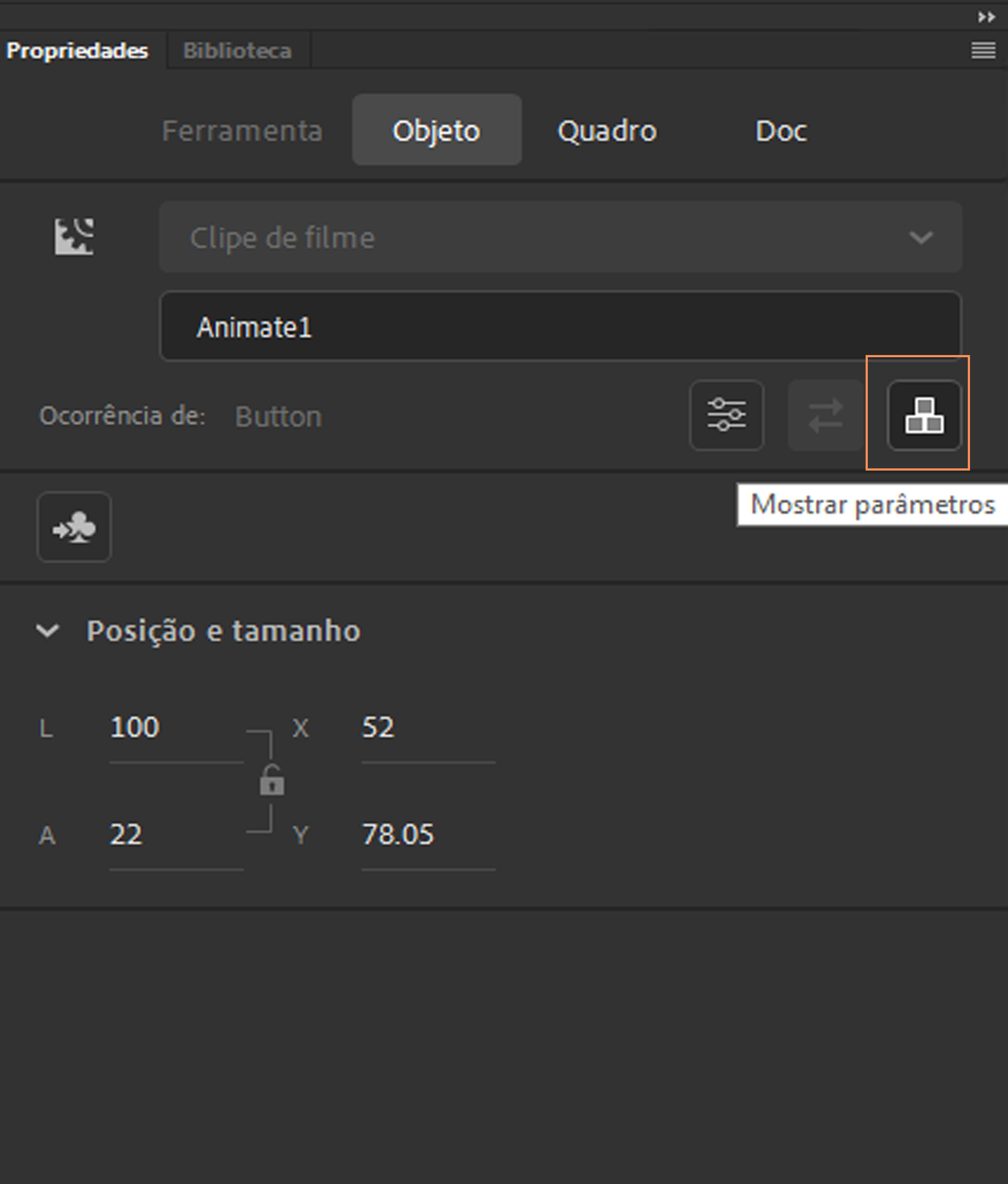 Mostrar o botão Parâmetros