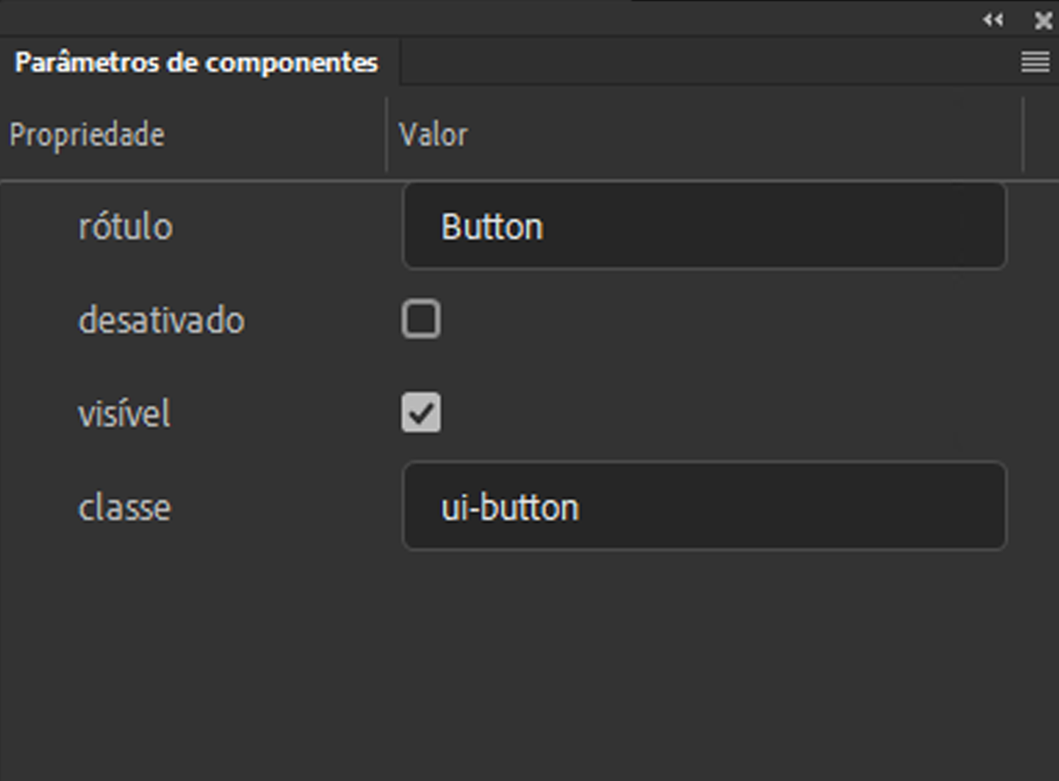 Painel de parâmetros do componente
