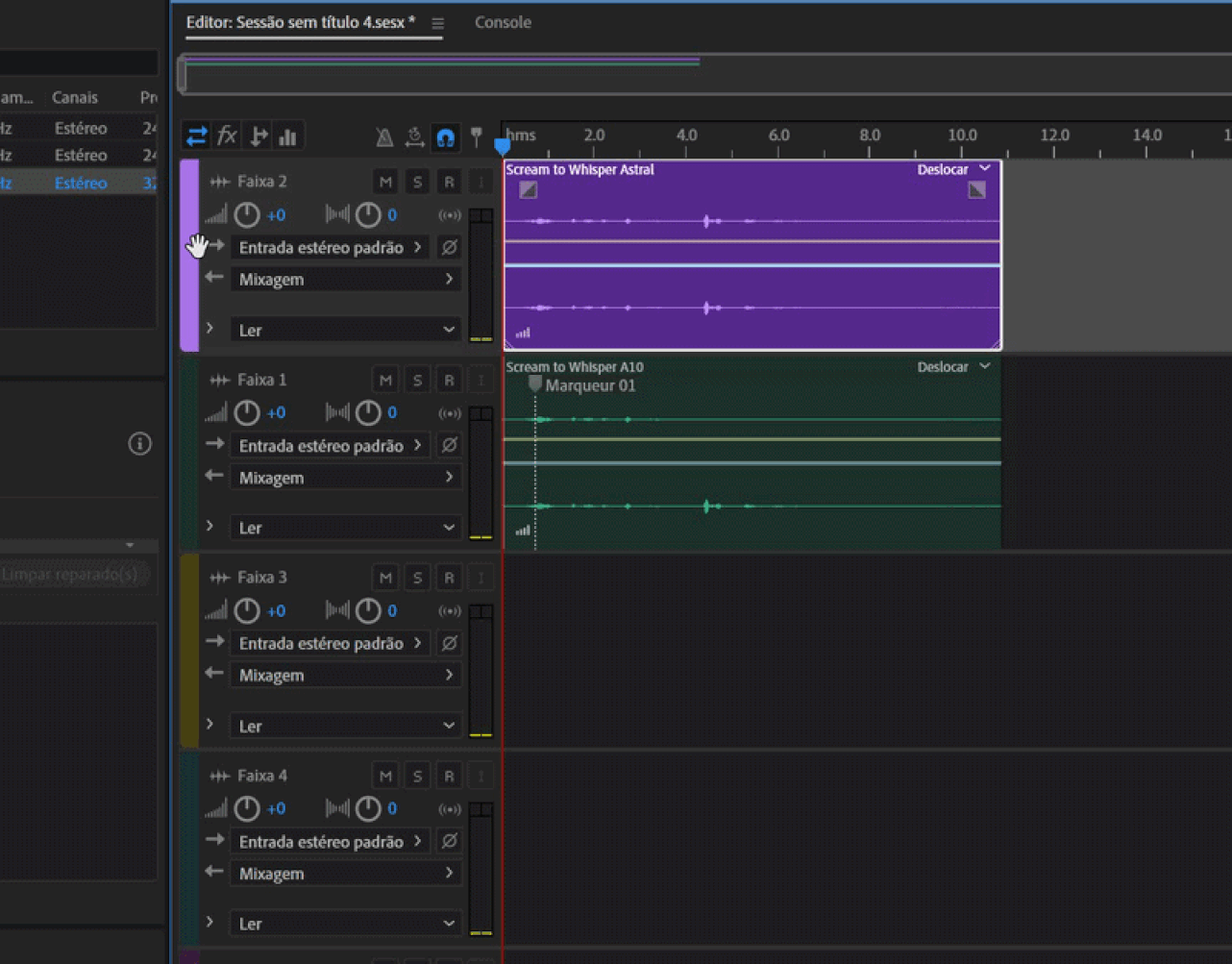 Movimentação de uma faixa no painel Editor
