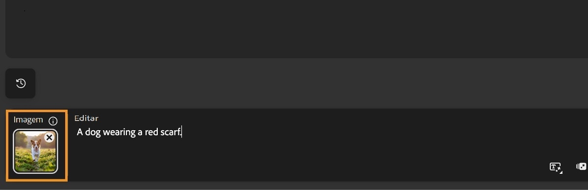 A opção Imagem tem uma imagem de um cachorro adicionada e um prompt adicionado para adicionar um lenço vermelho ao elemento.