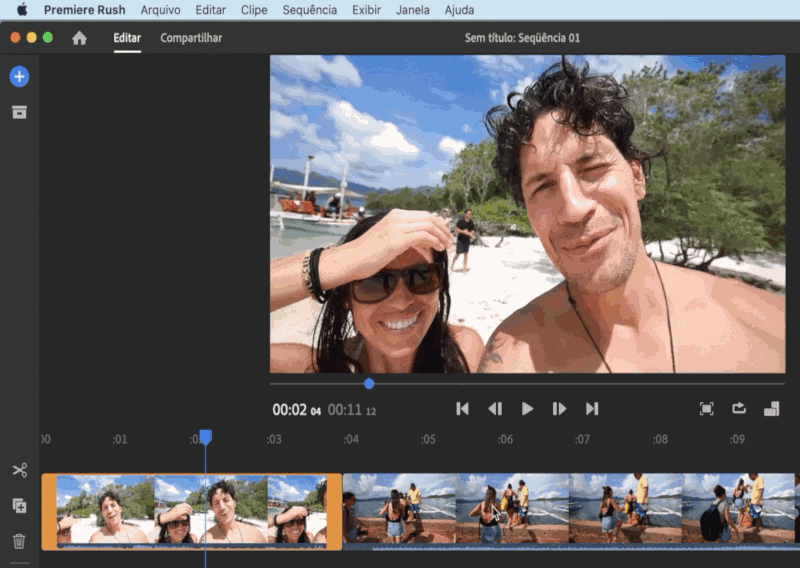 Selecione o clipde de áudio-vídeo na linha do tempo e então selecione Clipe > Separar áudio, ou pressione E no teclado.