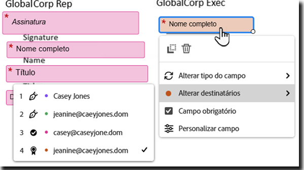 O ambiente de criação com um campo selecionado e a ação “Alterar destinatário”