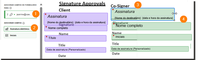 O ambiente de criação, com um campo de assinatura sendo inserido na linha de assinatura