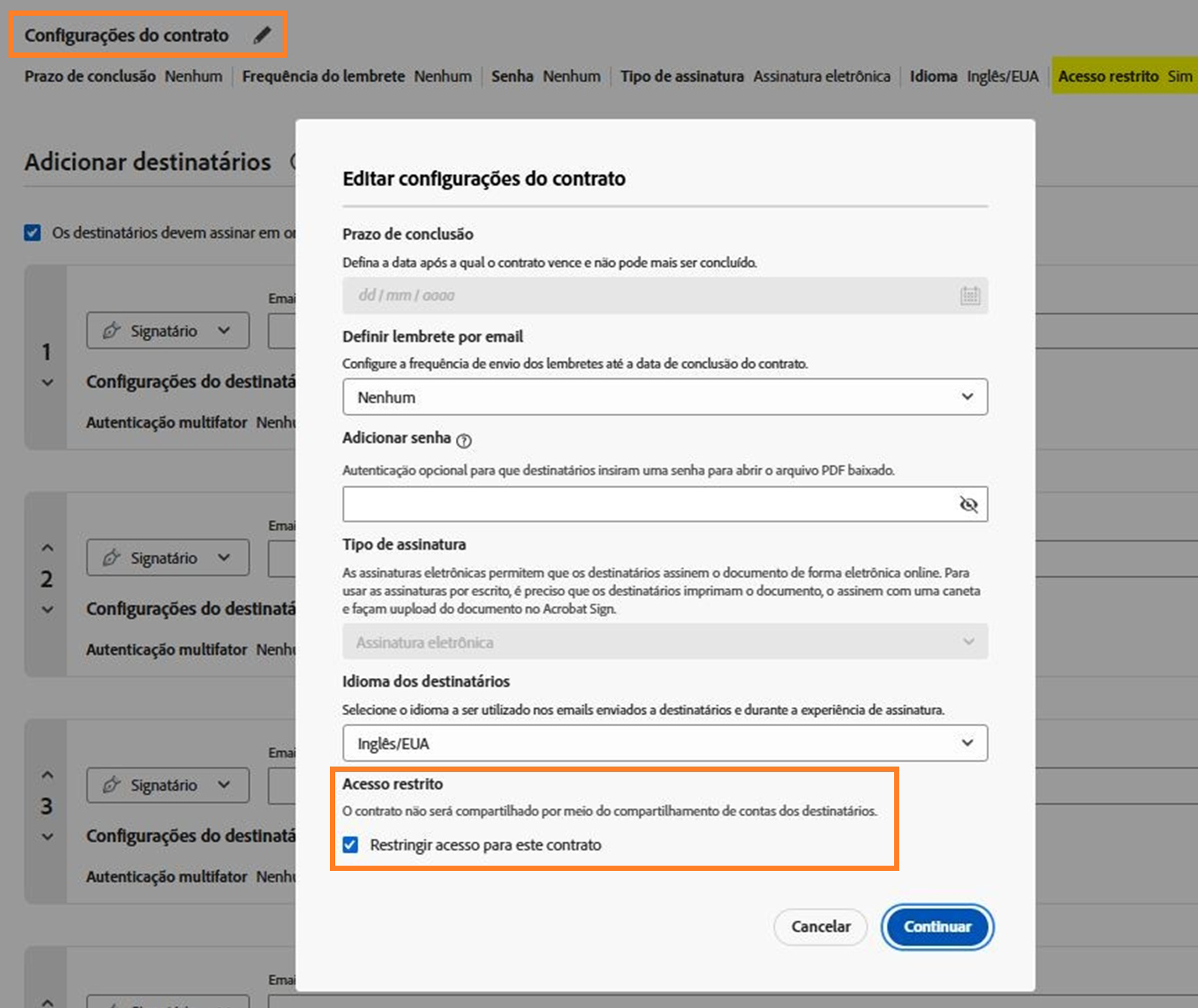 A visualização do remetente das configurações do contrato, com a opção de habilitar ou desabilitar as regras de contrato restrito realçada.
