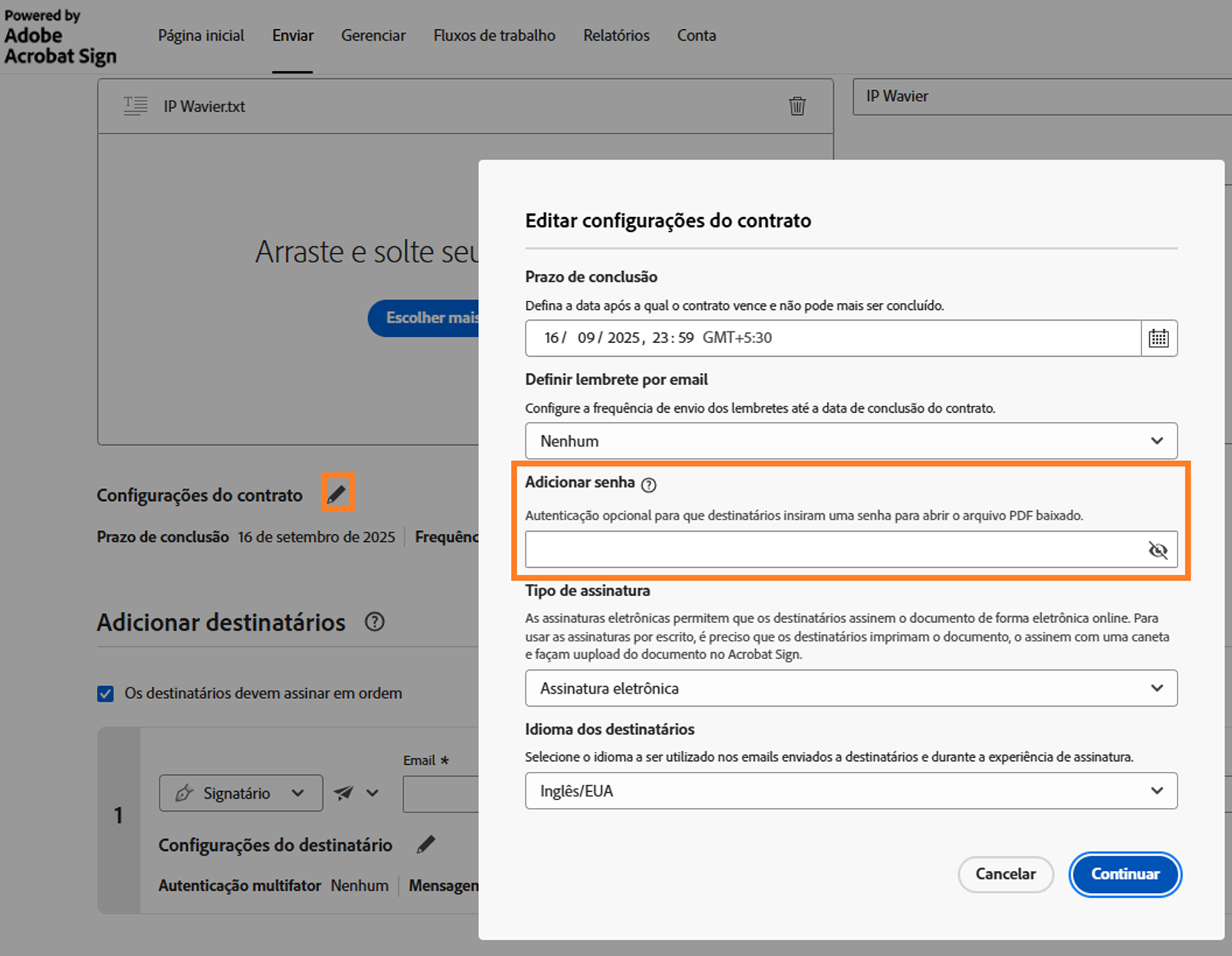 A seção Configurações do contrato com a opção Adicionar senha destacada.