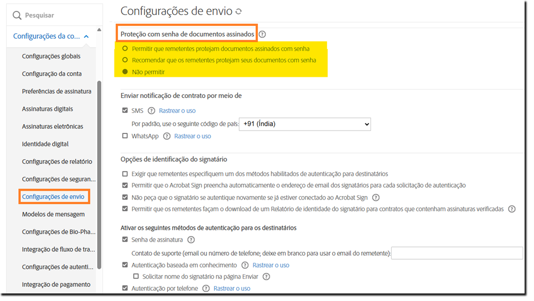 O menu Configurações de envio nos Controles de administração co os controles de Proteção da senha de documento assinado destacados.