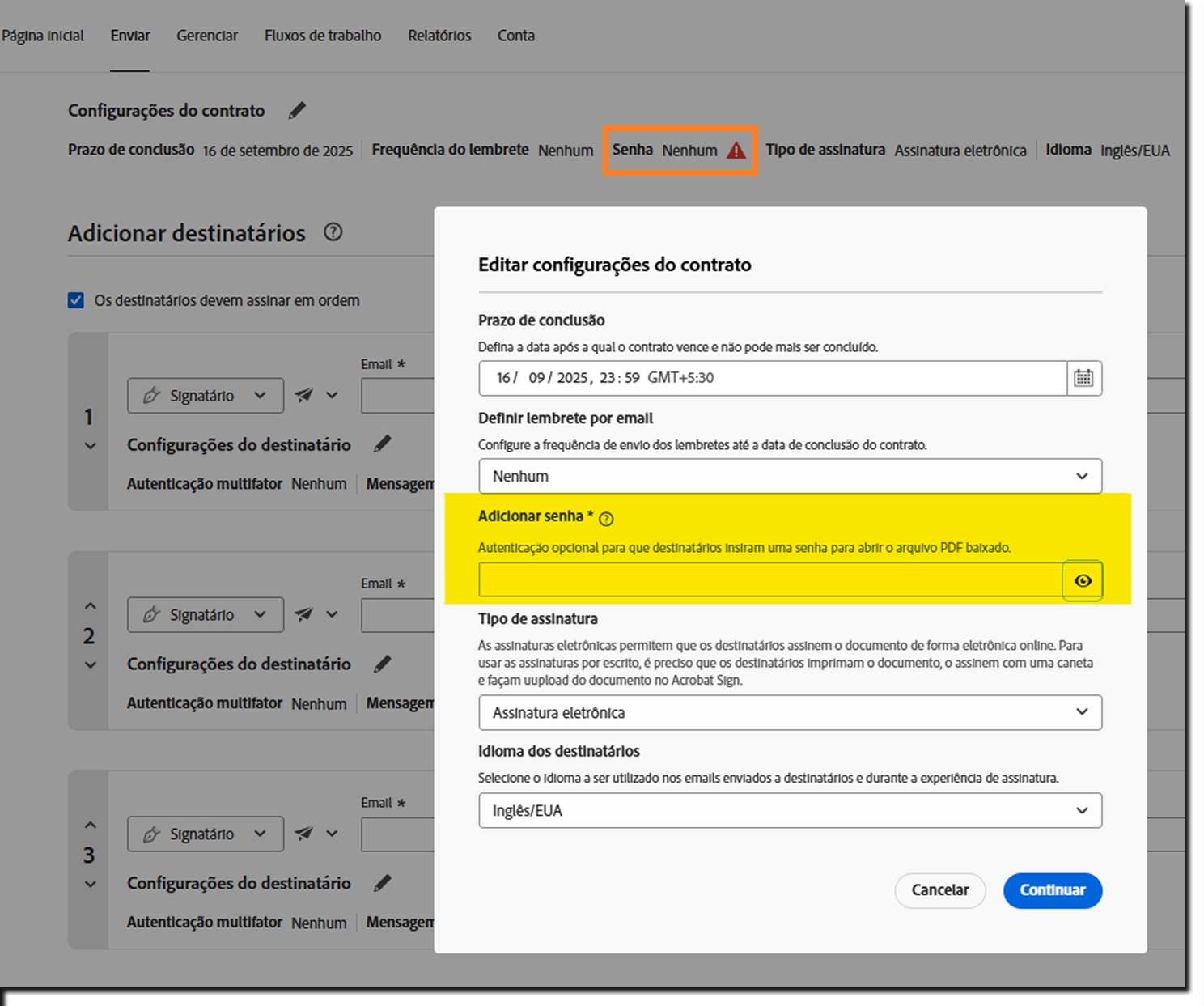 A seção Configurações do contrato com o alerta de configuração da opção Adicionar senha destacado.