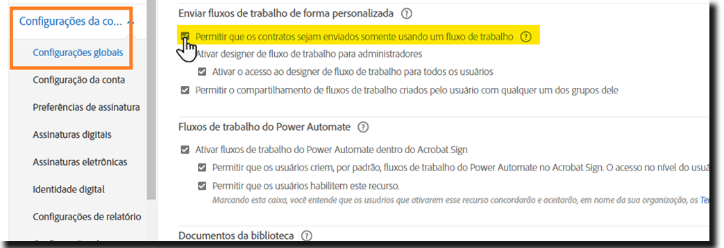 Configurar fluxos de trabalho para serem o único método de envio de contratos