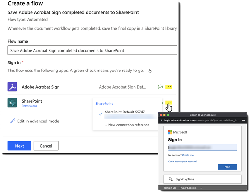 O Power Automate entre o Acrobat Sign e o SharePoint, com o painel de autenticação exposto