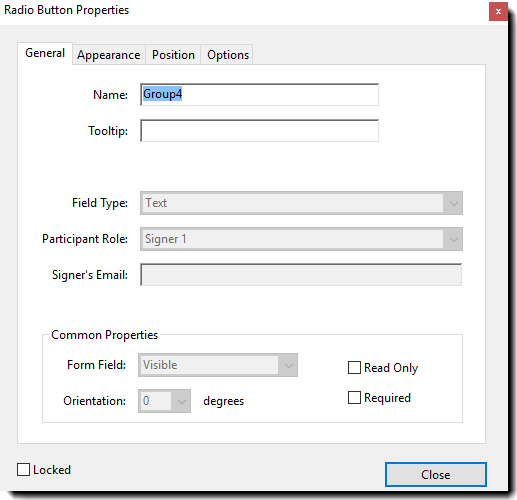 Propriedades de campo dos botões de opção