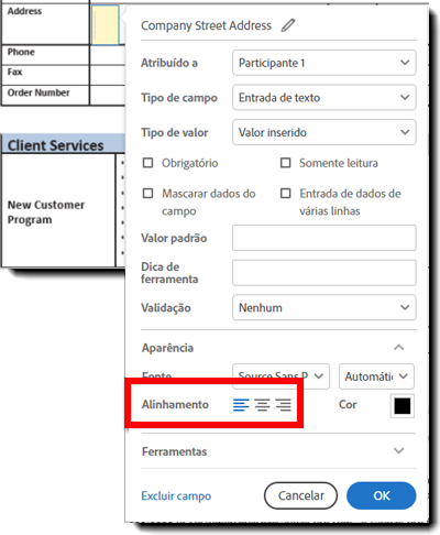 Propriedades de alinhamento de fonte do campo de texto