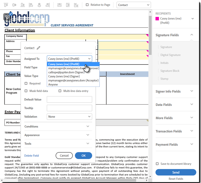 A lista de Funções no menu Campo