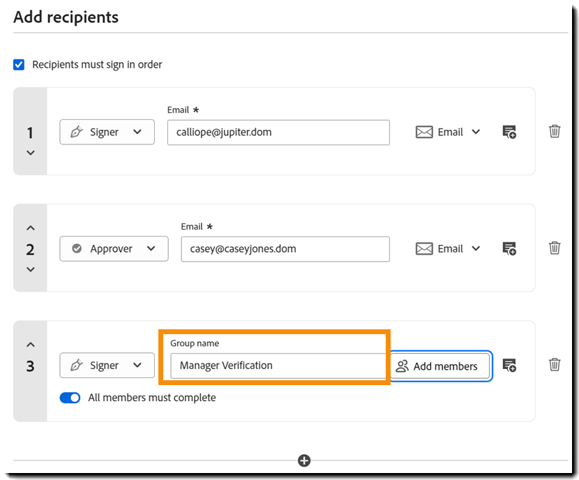 A seção “Adicionar destinatário” da experiência de Solicitar assinatura com destaque para um destinatário do grupo e o nome do grupo realçado.