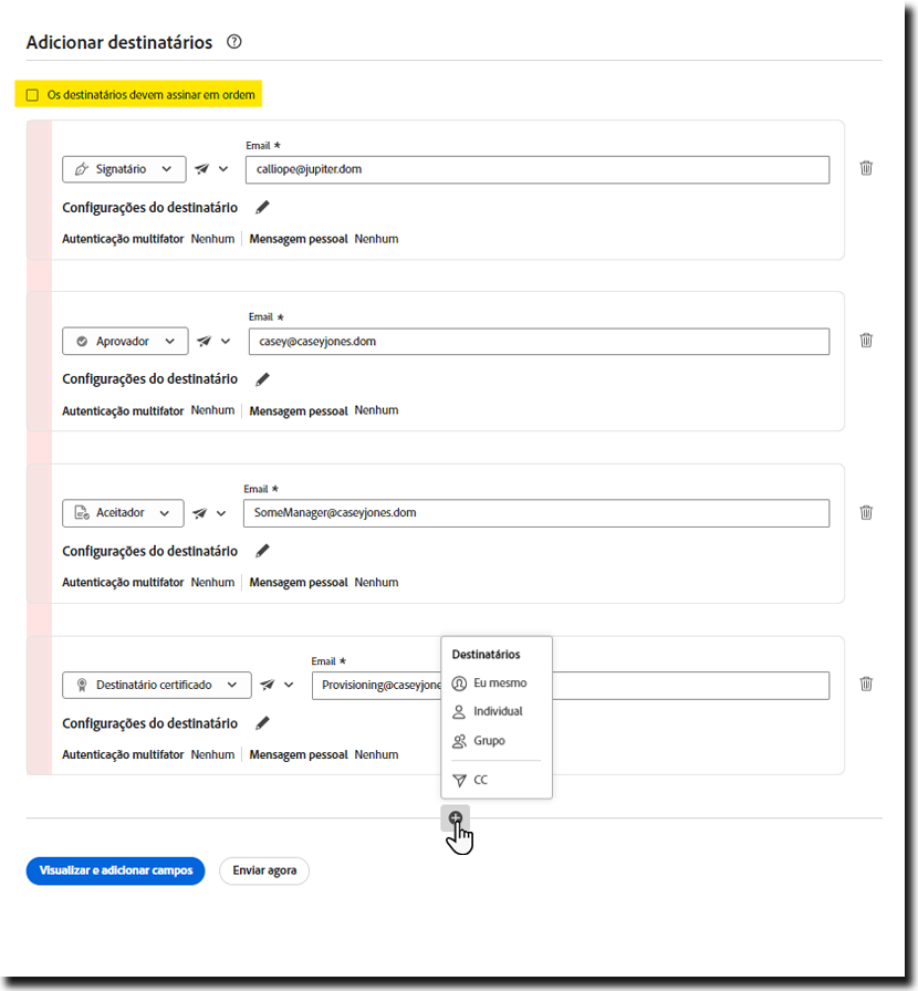 Configuração de assinatura paralela na página Enviar com destaque para o controle “Destinatários devem assinar em ordem” desabilitado