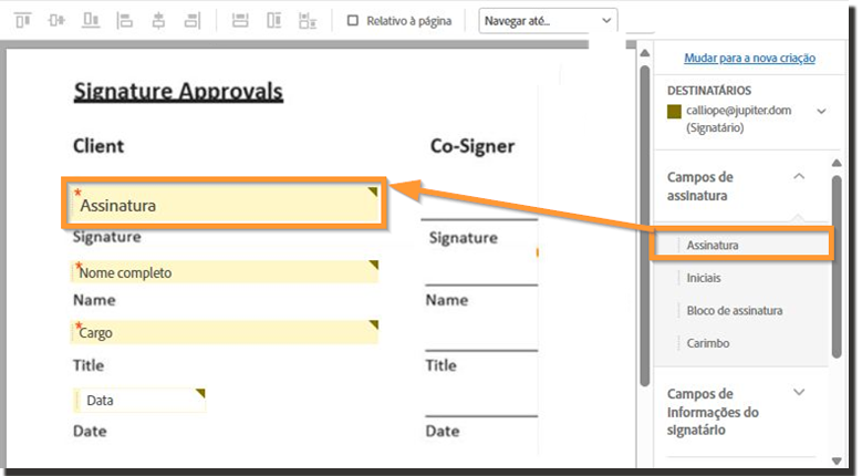 O ambiente de criação com os campos de assinatura realçados
