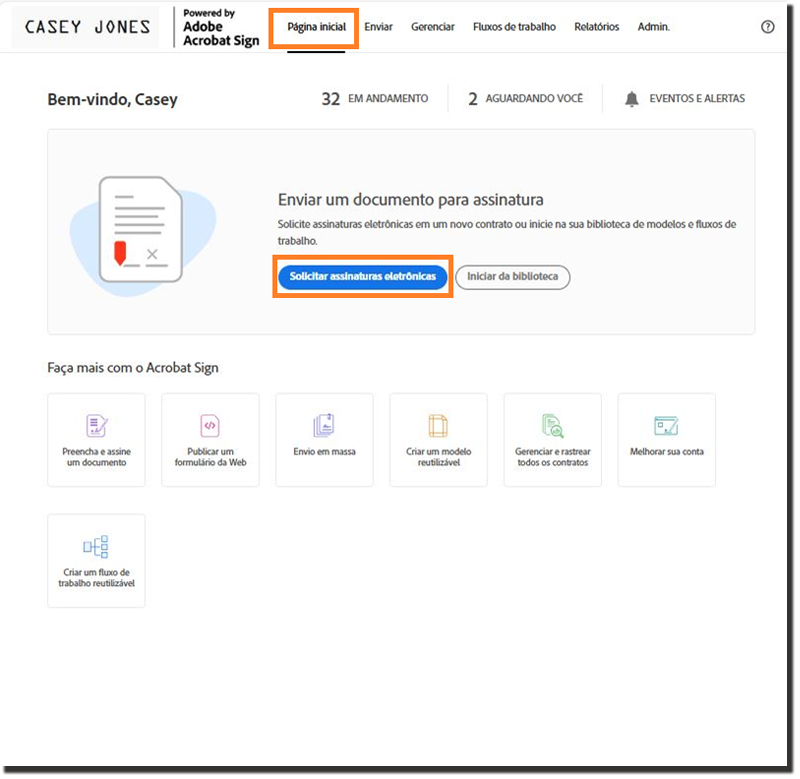 Página inicial - Solicitar assinaturas