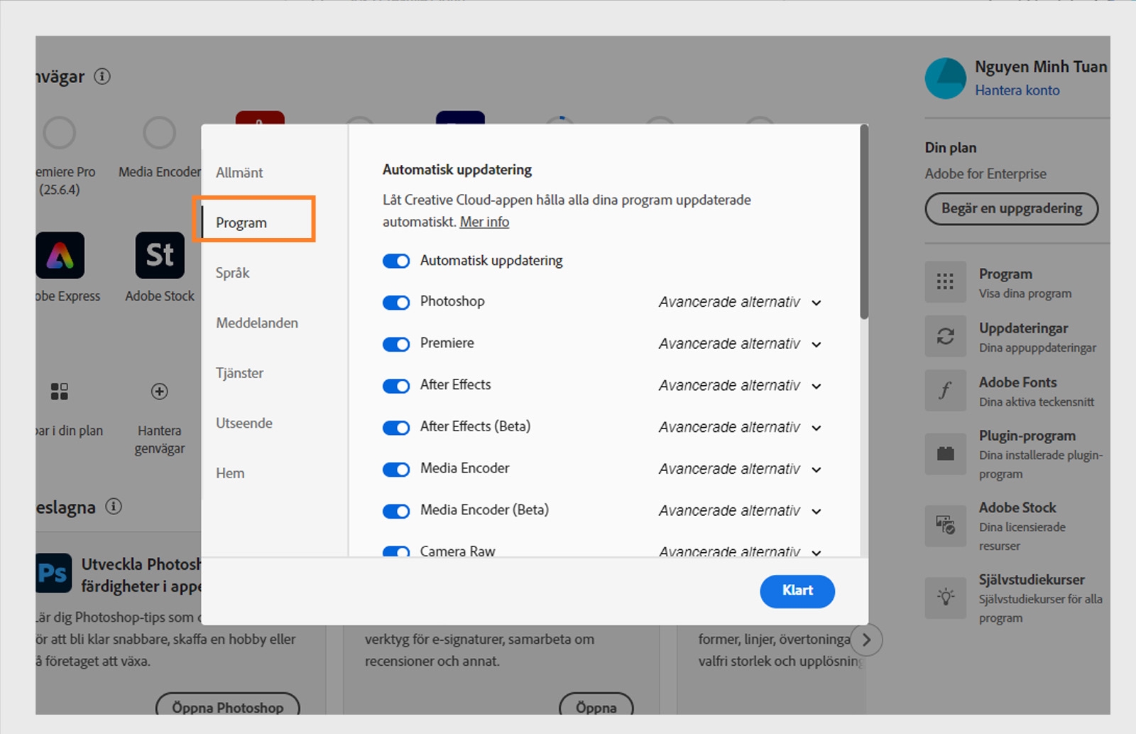 Adobe Creative Cloud inställningspanel öppen på fliken Appar, som visar alternativ för automatisk uppdatering, installationsplats och bandbreddsanvändning.