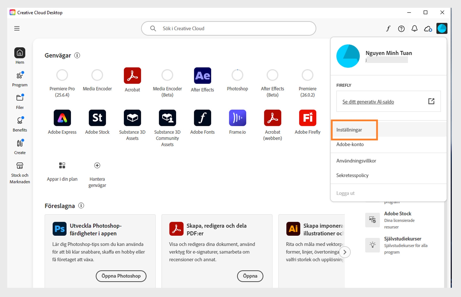 Kontomenyn visar alternativ som Inställningar, Logga ut och månatliga generativkrediter för generativ AI-funktioner. 