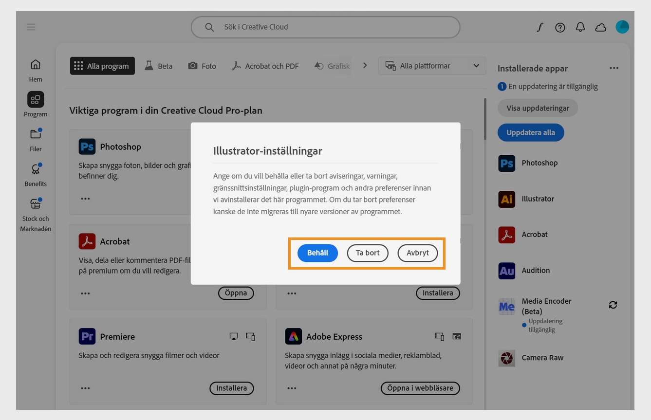 Du får en fråga om du vill behålla eller ta bort aviseringar, varningar, plugin-program och andra inställningar. Du kan även avbryta avinstallationen. En skärmdump av en dator