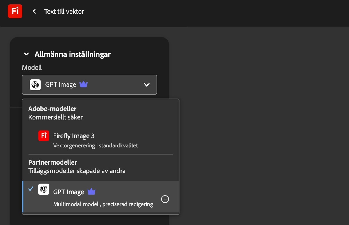 På sidan Text till vektor, under Allmänna inställningar, är listrutan Modell öppen och det finns Adobe-modeller och modeller som inte är från Adobe att välja bland. GPT Image är markerad för tillfället.