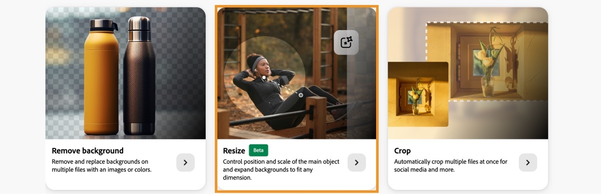Sidan Kreativ produktion är öppen och det finns flera åtgärder att välja mellan, till exempel Ta bort bakgrund, Ändra storlek och Beskär. Åtgärden Ändra storlek är för närvarande markerad.