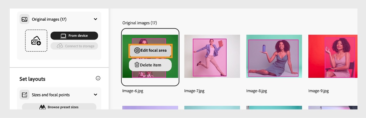 En av originalbilderna med en övertäckning för storleksändring är markerad och alternativet Redigera fokusområde är markerat.