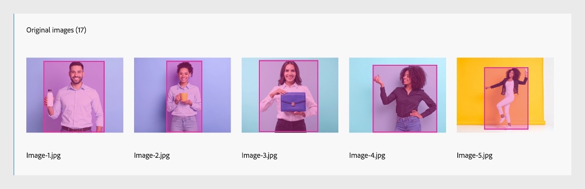 Under originalbilderna visas de överförda bilderna och varje bild har en övertäckning som framhäver fokuspunkten, vilket identifierar det motiv som detekterats som den primära fokuspunkten.