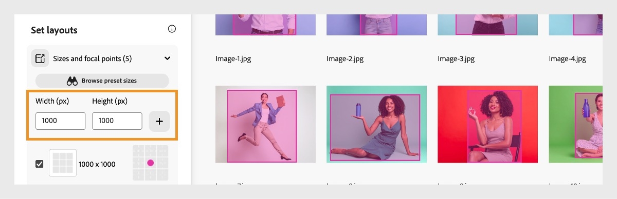 I avsnittet Ange layouter, under Storlekar och fokuspunkter, kan du lägga till anpassade dimensioner genom att ange bredd och höjd i pixlar. För närvarande har en storlek på 1 000 × 1 000 pixlar lagts till.