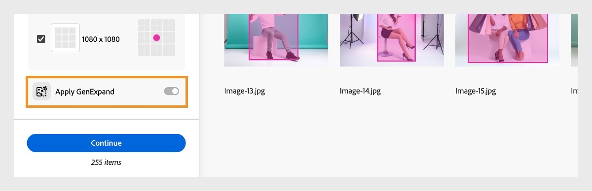 Alternativet Använd Generativ utökning är aktiverat så att alla genomskinliga områden kan fyllas med AI-genererat expanderat innehåll för storleksändrade bilder som inte uppfyller de mått som krävs.