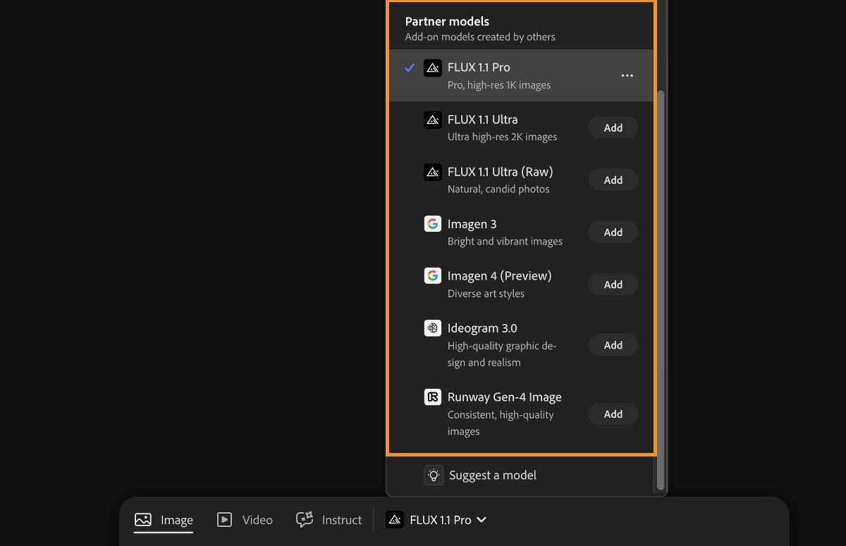 Du kan generera bilder och lägga till dem på arbetsytan genom att välja från listan med Firefly- och icke-Firefly-modeller. Här är Firefly Image 3 (snabb) markerad.