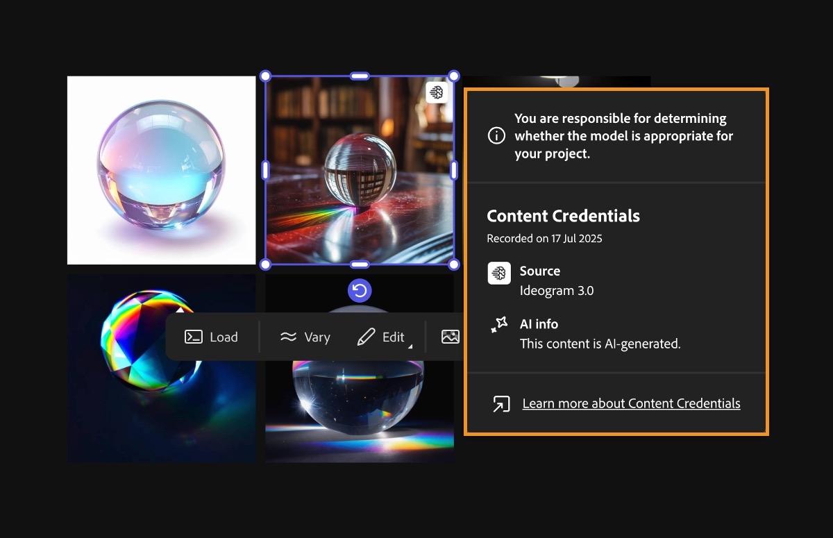 När Content Credentials för en bild på arbetsytan markeras visas alla uppgifter om bilden, inklusive källa och AI-information.