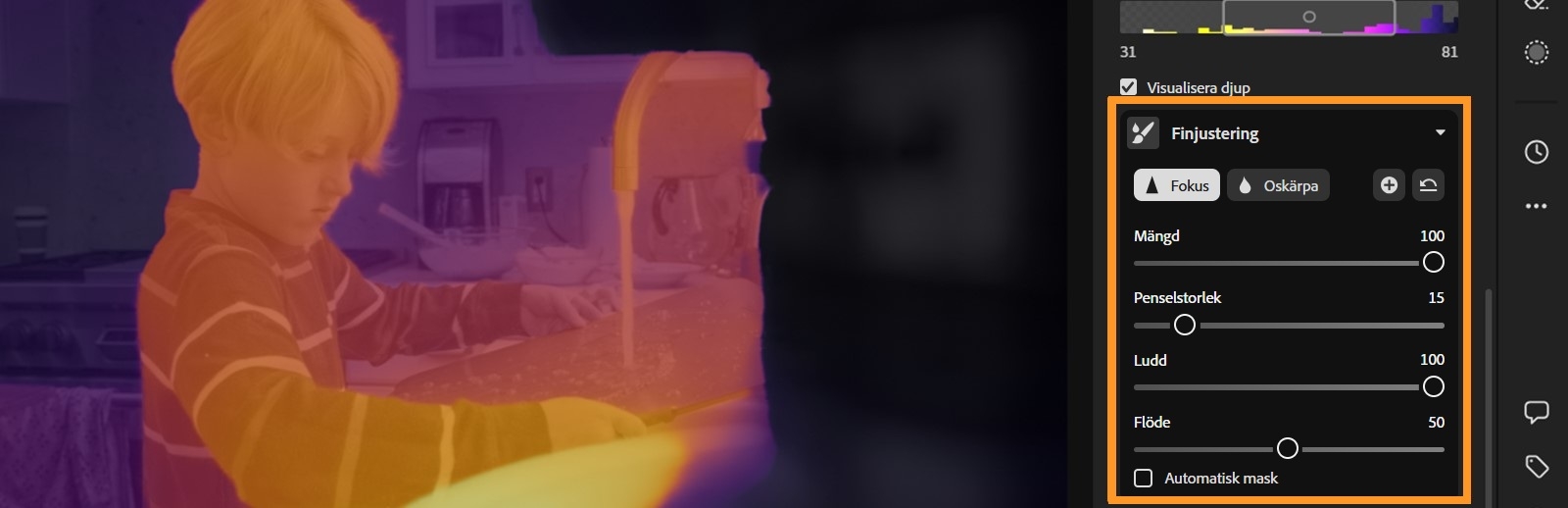 Bilden visar en datorskärm med ett gränssnitt för finjustering av linsoskärpa. Huvuddelen av skärmen visar ett djupschema för ett barn framför en diskho. Färgerna går från lila till orange och anger olika djupscheman. På skärmens högra sida finns ett verktygsfält med olika reglage och alternativ, som Finjustering, Fokus, Oskärpa med flera, som du kan använda för att justera djup och fokus i bilden. 