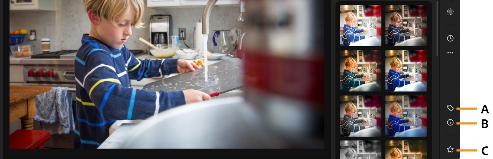 Bilder visas med olika förinställningar som används på en bild i luppvyn där förinställningen kan visas genom att hovra över en bild.