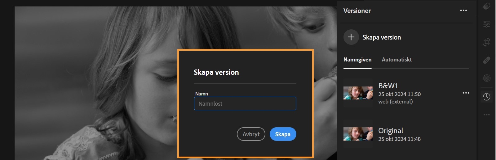  Dialogrutan Skapa version är markerad med textfältet Namn och knapparna Avbryt och Skapa.