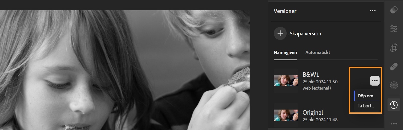 Två barn visas som en bild där panelen Versioner är öppen och där Ändra namn och Radera är markerade på fliken Namn.