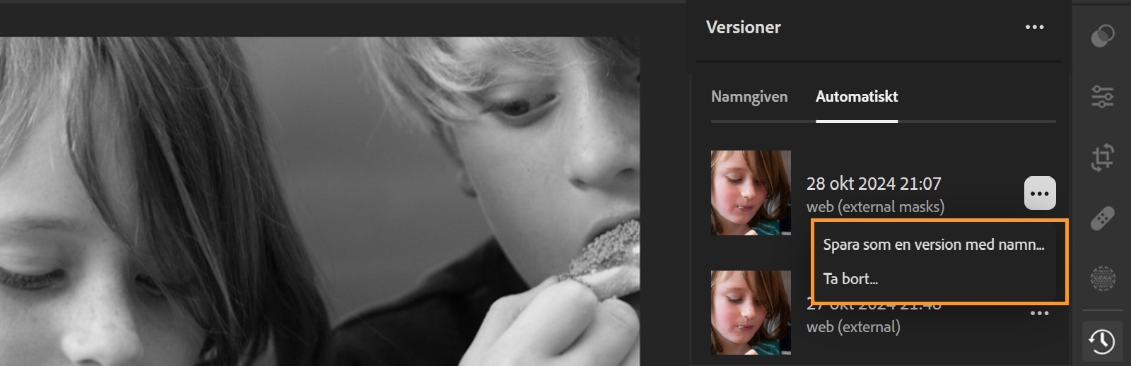 Två barn visas som en bild där panelen Versioner är öppen och där Spara som version med namn och Radera är markerade på fliken Auto.