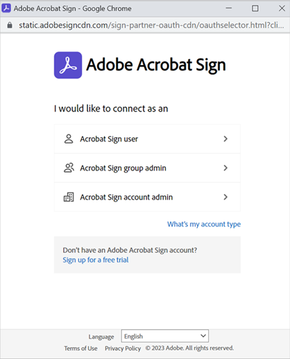 Välj användarnivå för att ansluta Acrobat Sign till PowerApps