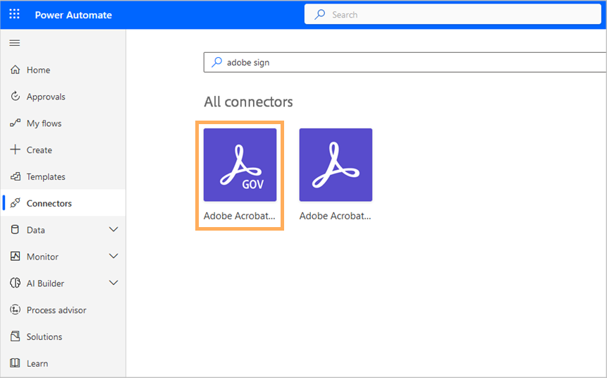 Acrobat Sign Government-anslutningsprogram för Microsoft Power Automate