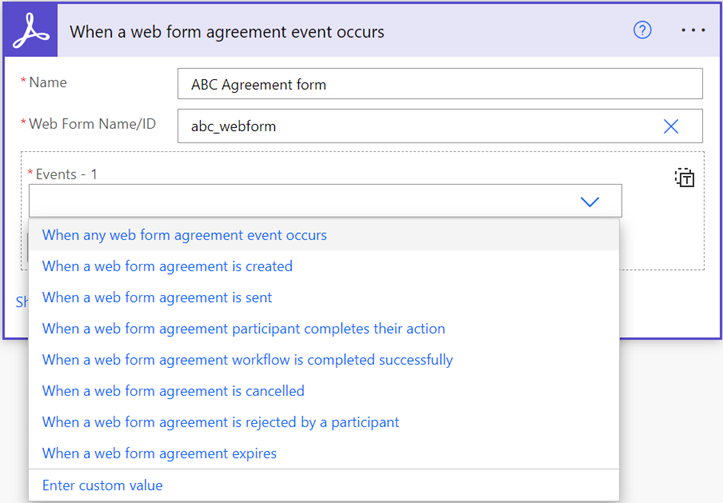 Utlös en åtgärd för att automatisera webbformulärprocesser i PowerAutomate Acrobat Sign-anslutningen.