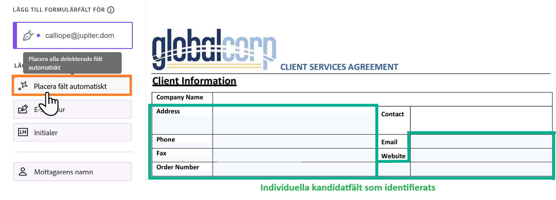Redigeringsmiljön som markerar knappen Fyll i automatiskt och flera kandidatfält.