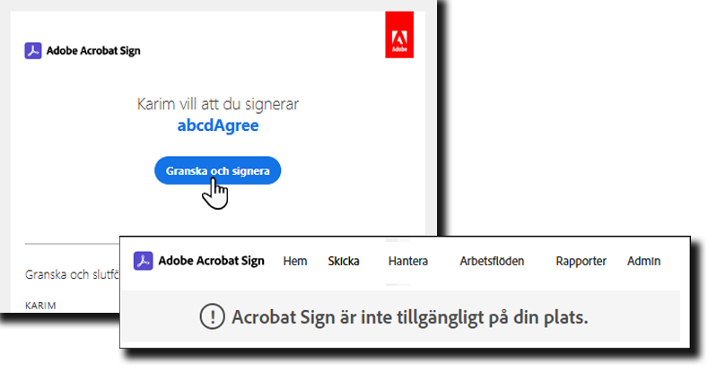 Ett e-postmeddelande för att granska och signera ett avtal med felmeddelandet om den blockerade geografiska platsen som har lagts till över det.