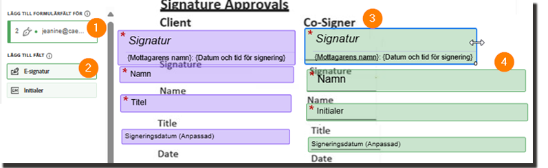 Framtagningsmiljön med ett signaturfält som placeras på signaturraden