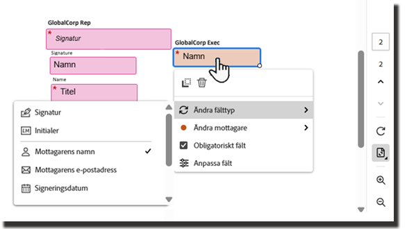 Redigeringsmiljön med ett valt fält som visar åtgärden Ändra fälttyp