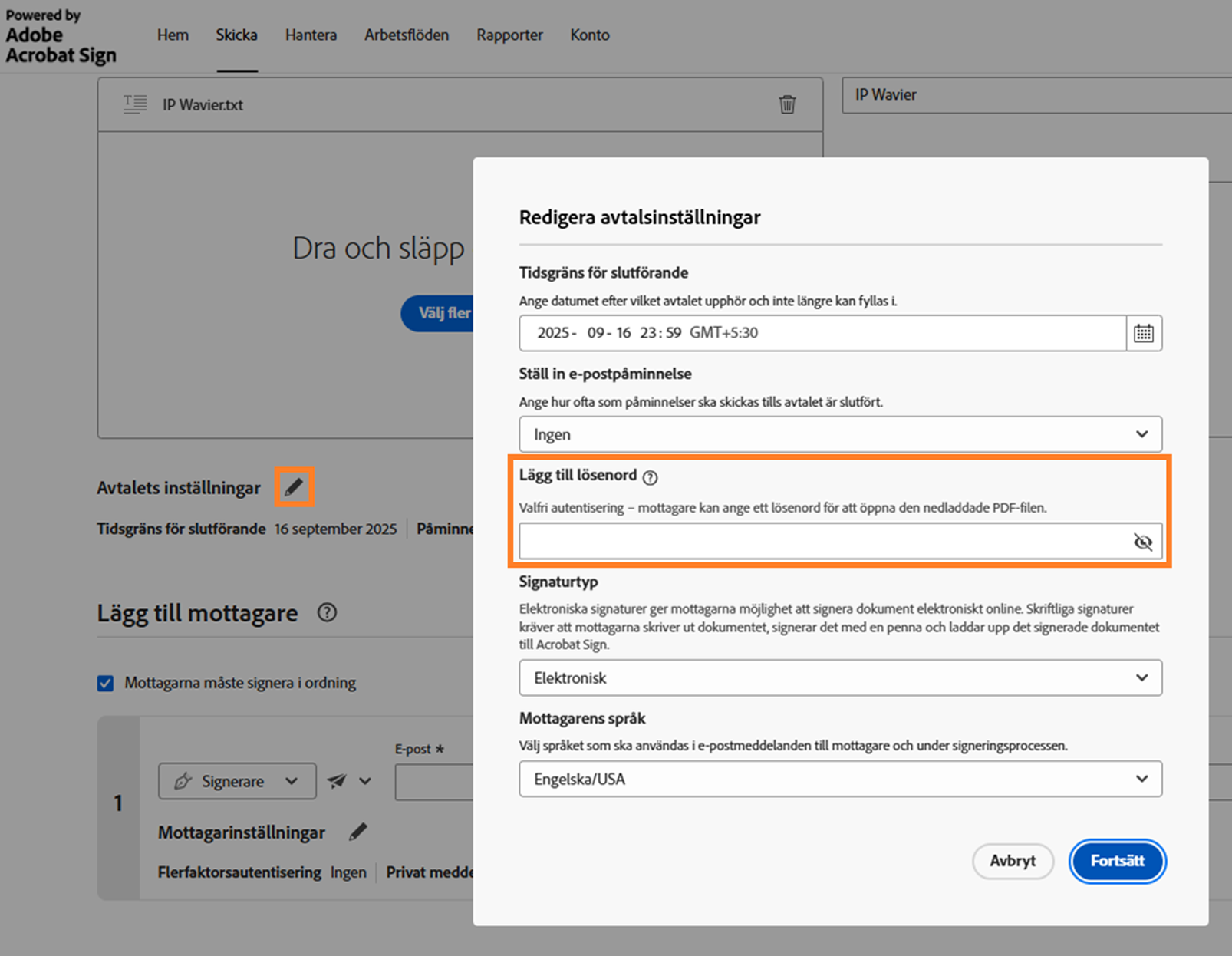 Avsnittet Avtalsinställningar i avtalet med alternativet Lägg till lösenord markerat.
