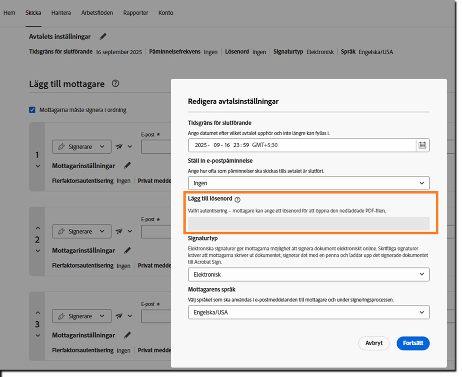 Avsnittet Avtalsinställningar i avtalet med det låsta fältet Lägg till lösenord markerat.