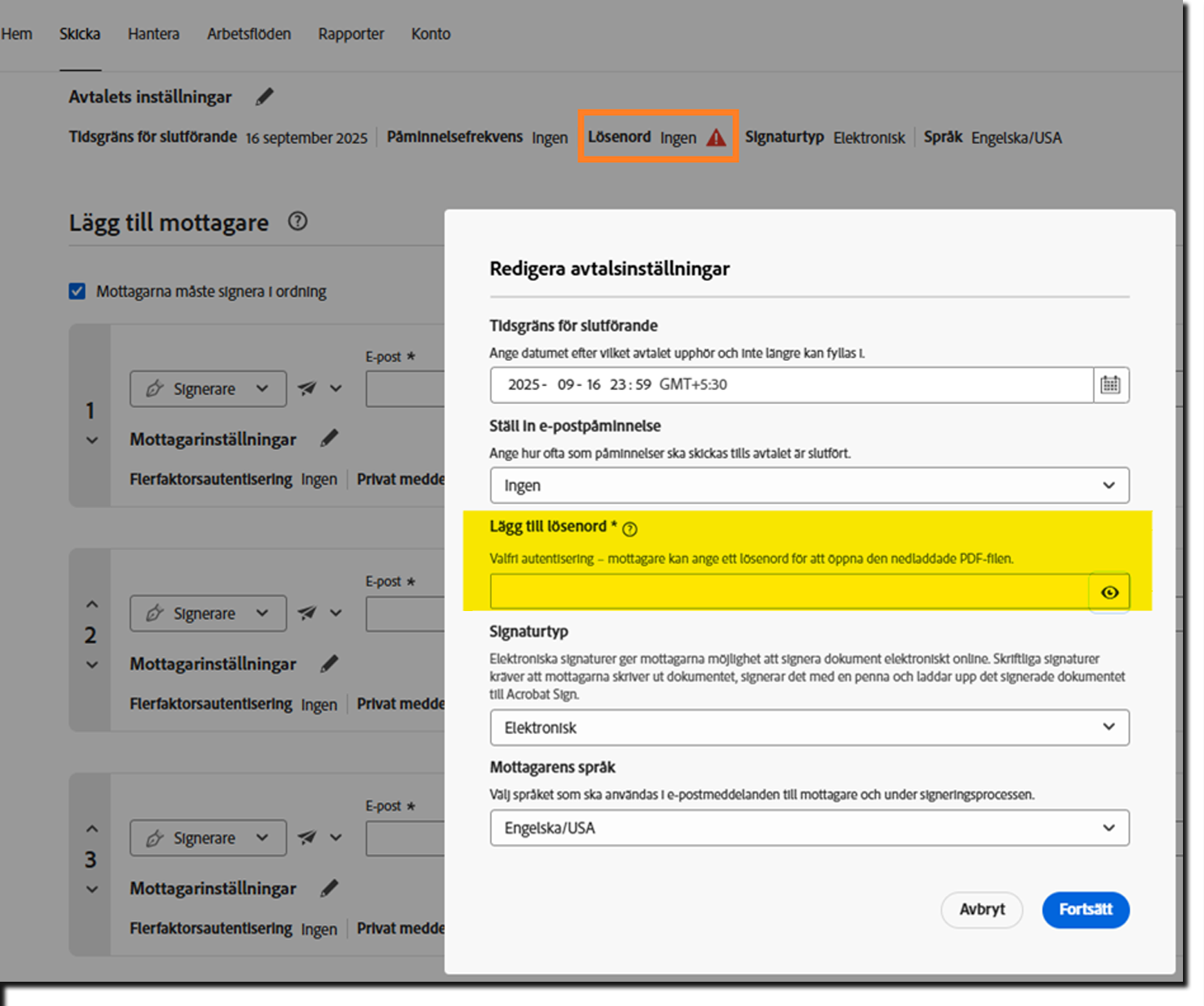 Avsnittet Avtalsinställningar i avtalet med det konfigurerbara alternativet Lägg till lösenord markerat.