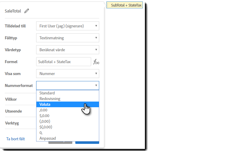 Fältet Nummerformat